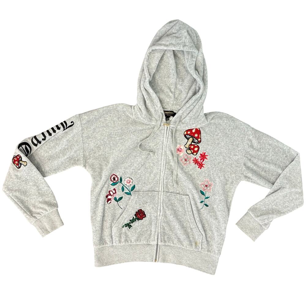 Juicy Couture Black Label Gray Bedazzled Mushroom Flower Zip Up Hoodie size S